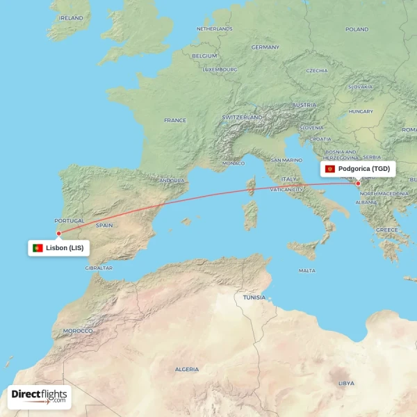 Lisbon - Podgorica direct flight map