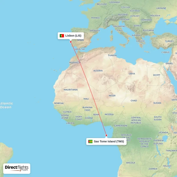 Lisbon - Sao Tome Island direct flight map
