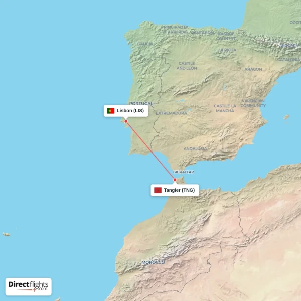 Lisbon - Tangier direct flight map