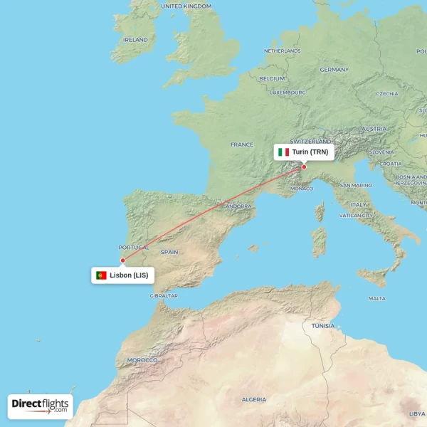 Lisbon - Turin direct flight map