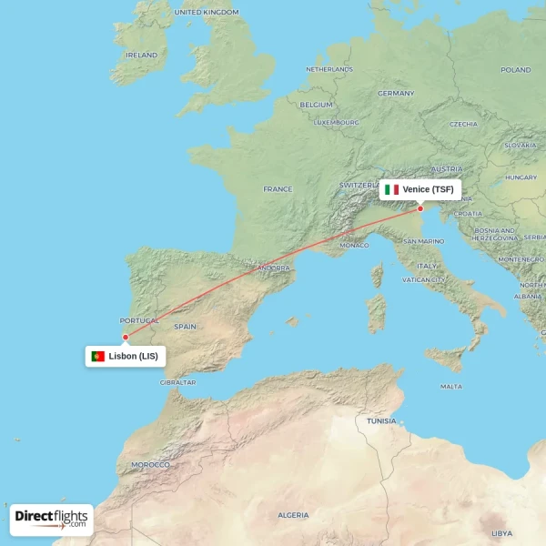 Lisbon - Venice direct flight map