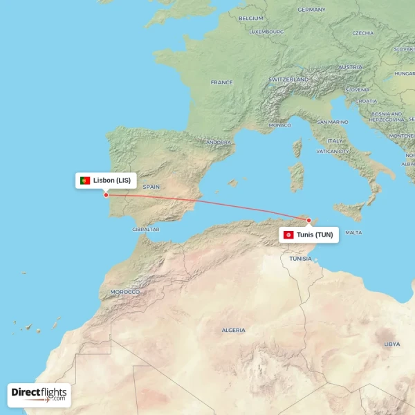 Lisbon - Tunis direct flight map