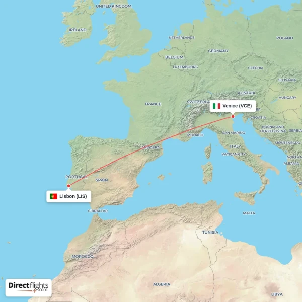 Lisbon - Venice direct flight map