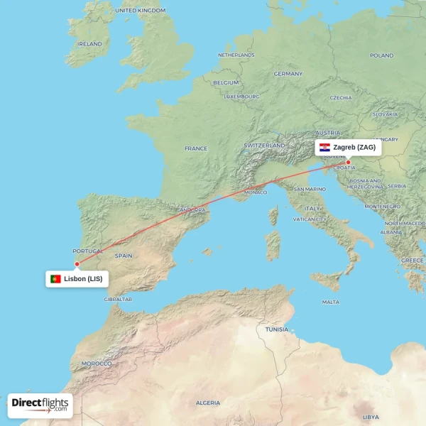 Lisbon - Zagreb direct flight map