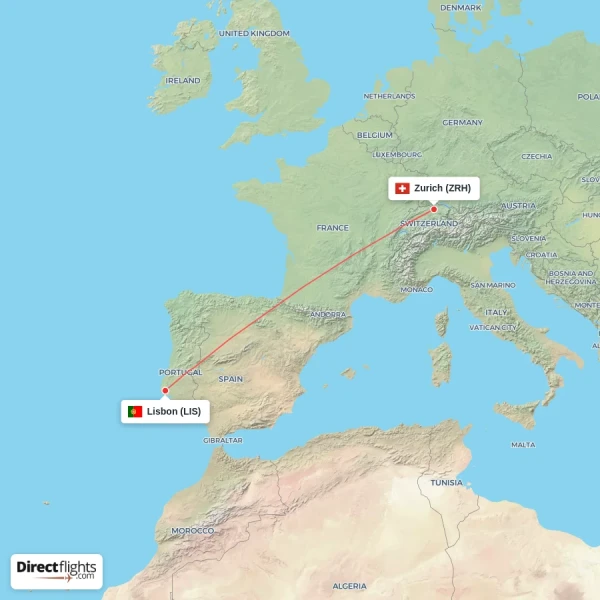 Lisbon - Zurich direct flight map