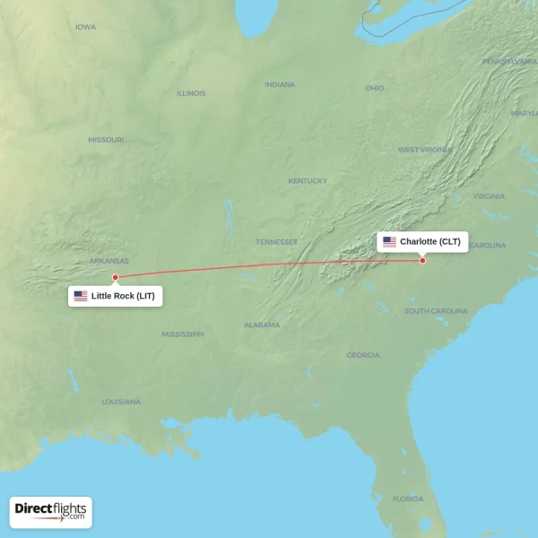 Little Rock - Charlotte direct flight map