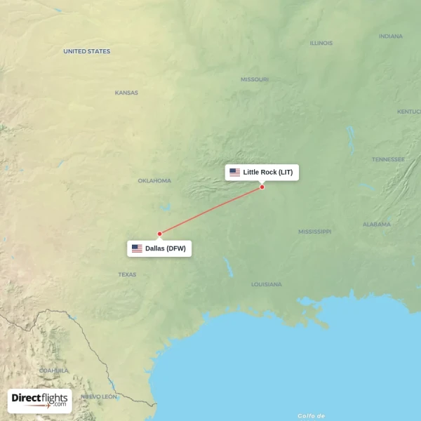 Little Rock - Dallas direct flight map