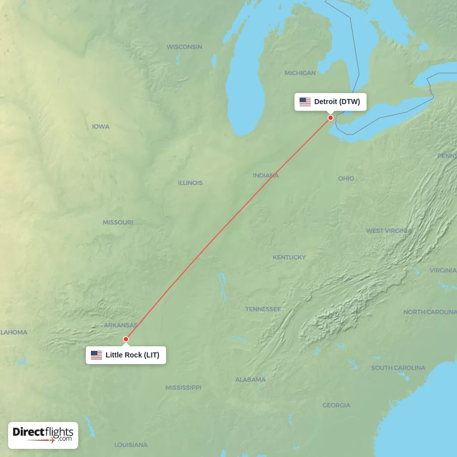 LIT - DTW route map