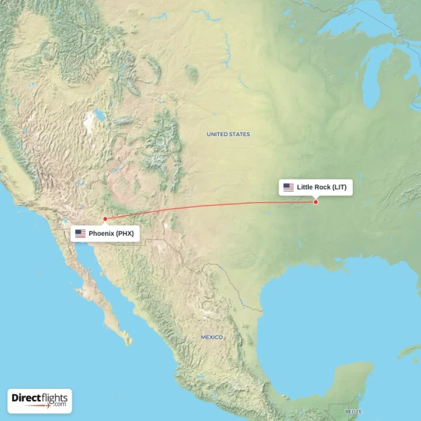 Little Rock - Phoenix direct flight map