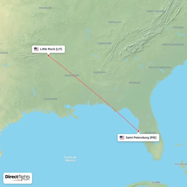 Little Rock - Saint Petersburg direct flight map