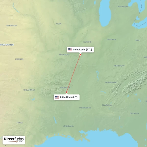 Little Rock - Saint Louis direct flight map