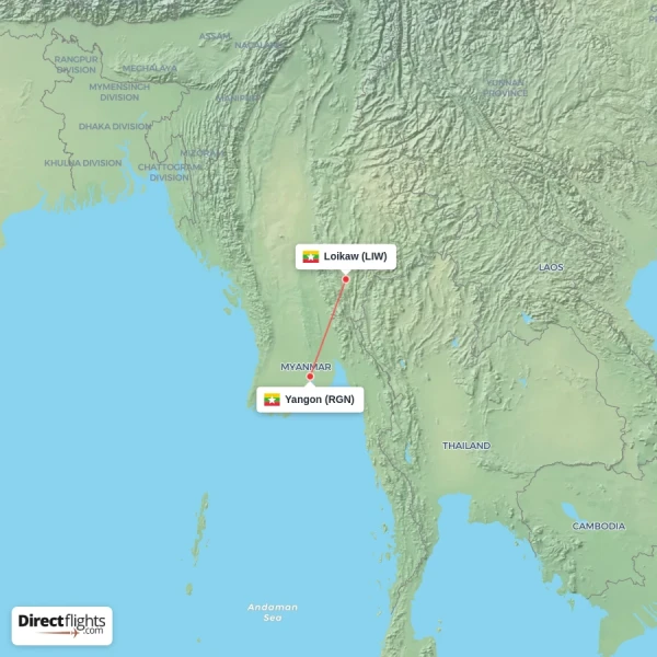 Loikaw - Yangon direct flight map