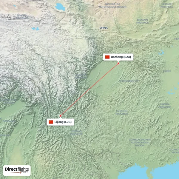 Lijiang - Bazhong direct flight map
