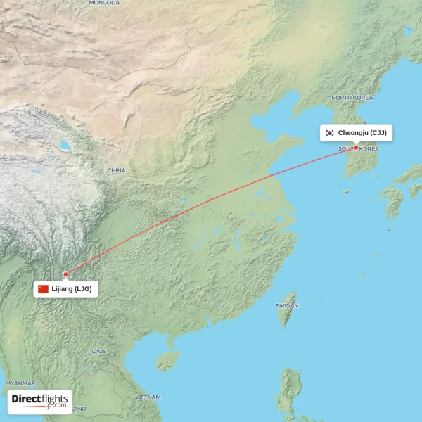 Lijiang - Cheongju direct flight map