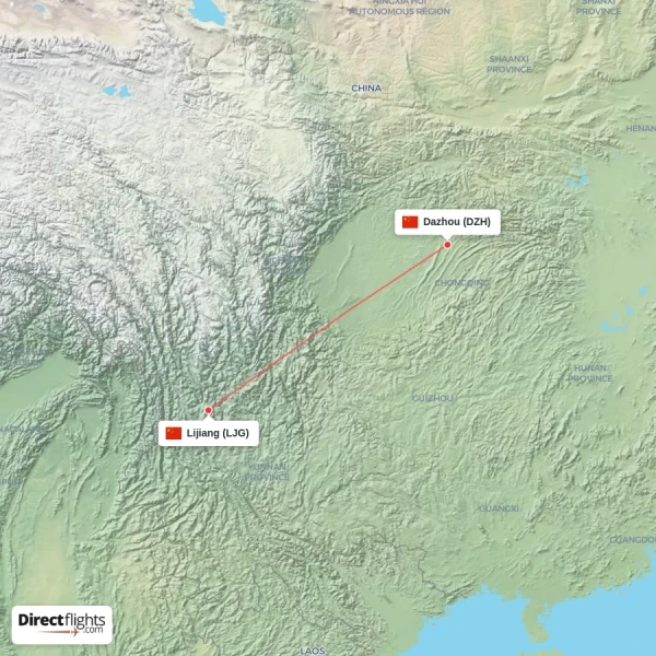 Lijiang - Dazhou direct flight map