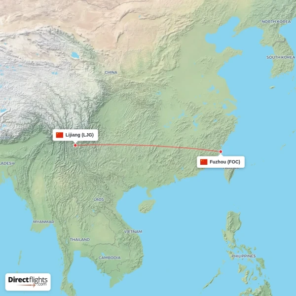 Lijiang - Fuzhou direct flight map