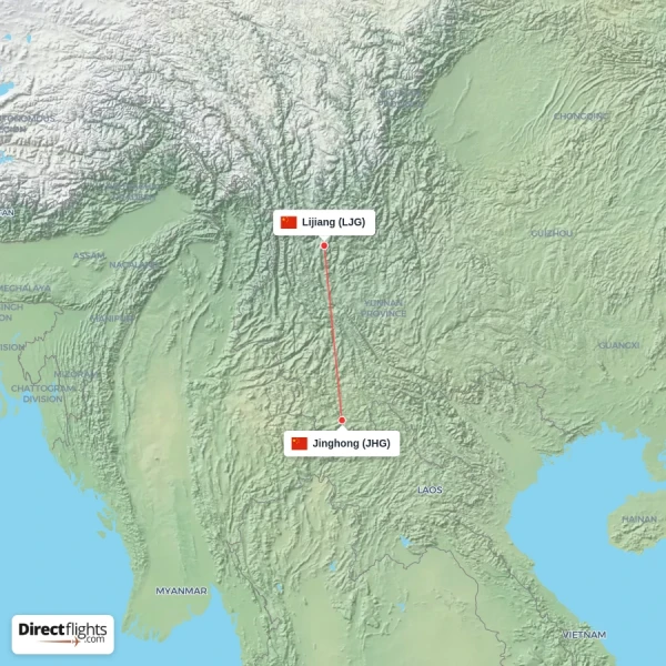 Lijiang - Jinghong direct flight map