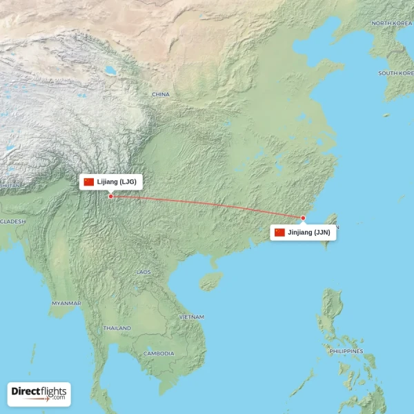 Lijiang - Jinjiang direct flight map