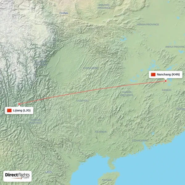 Lijiang - Nanchang direct flight map
