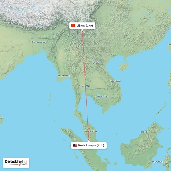 Lijiang - Kuala Lumpur direct flight map