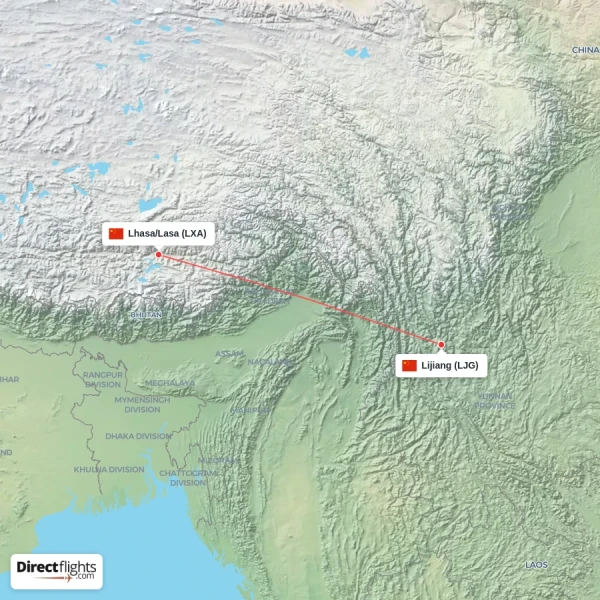Lijiang - Lhasa/Lasa direct flight map