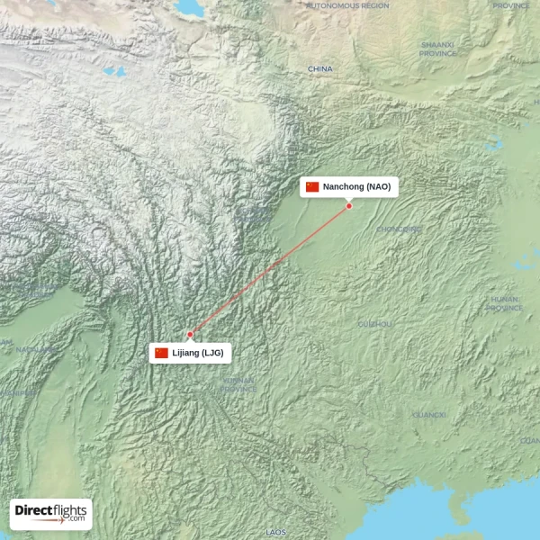 Lijiang - Nanchong direct flight map