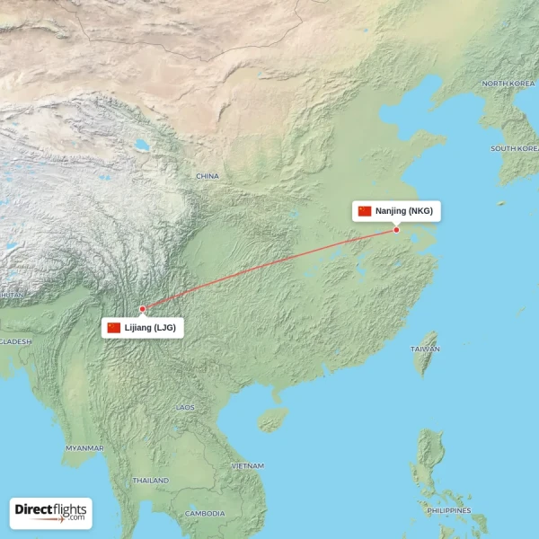 Lijiang - Nanjing direct flight map