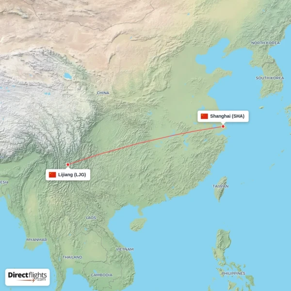 Lijiang - Shanghai direct flight map