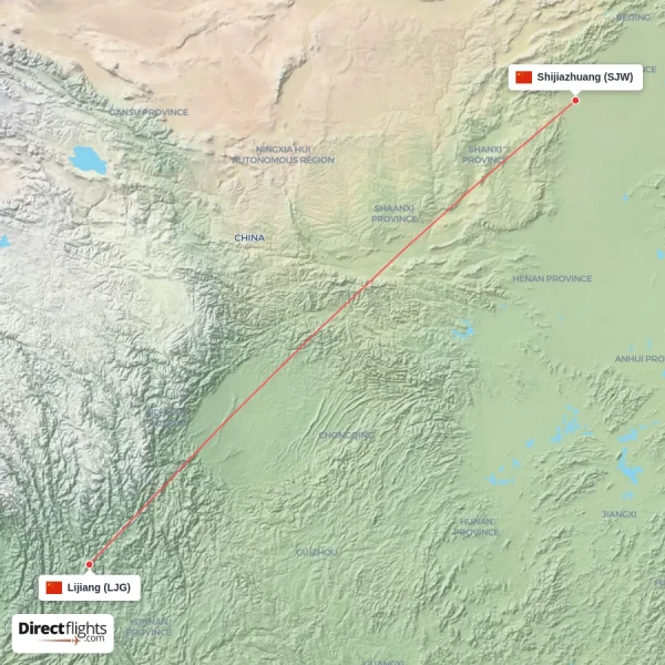 Lijiang - Shijiazhuang direct flight map