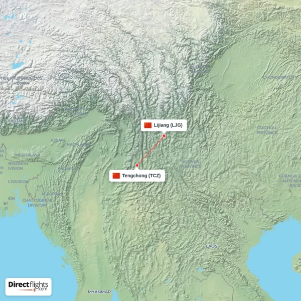 Lijiang - Tengchong direct flight map