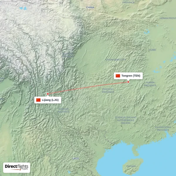 Lijiang - Tongren direct flight map