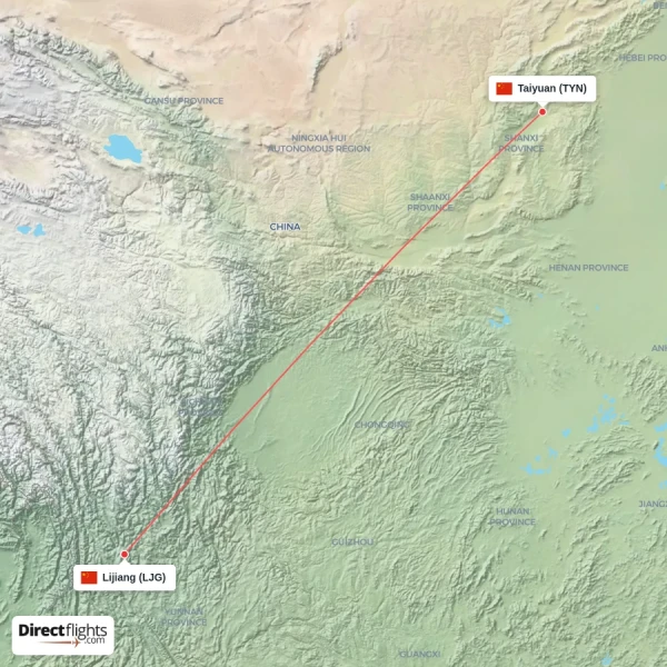 Lijiang - Taiyuan direct flight map
