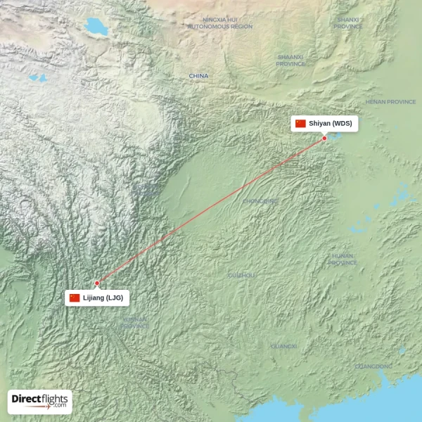 Lijiang - Shiyan direct flight map