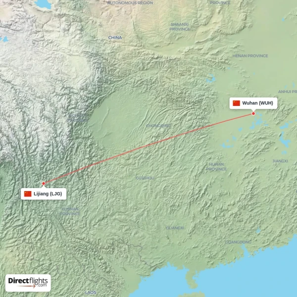 Lijiang - Wuhan direct flight map
