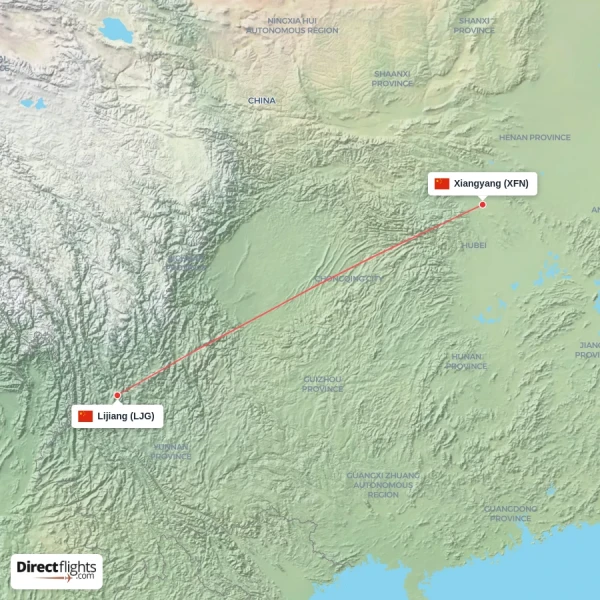 Lijiang - Xiangyang direct flight map