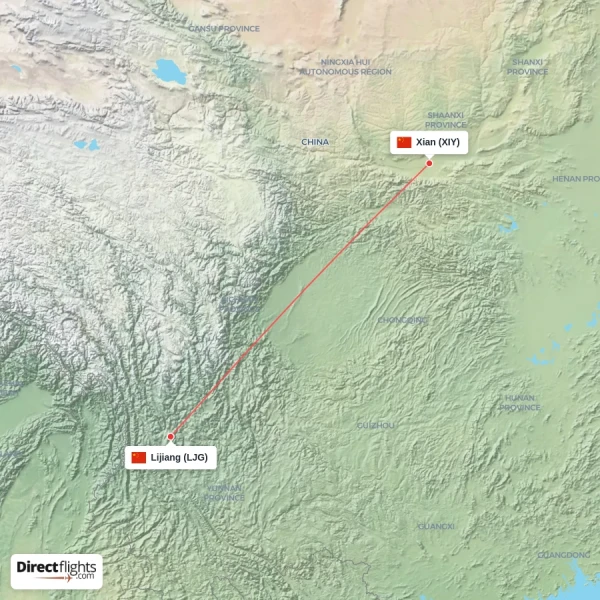 Lijiang - Xian direct flight map
