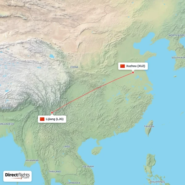 Lijiang - Xuzhou direct flight map