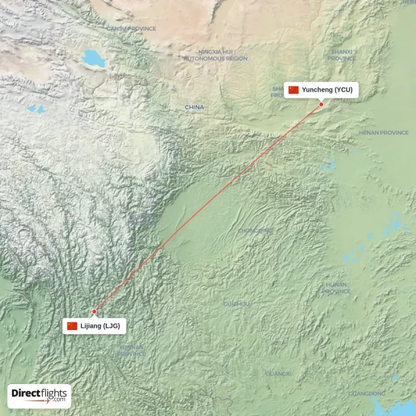 Lijiang - Yuncheng direct flight map