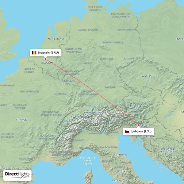 Ljubljana - Brussels direct flight map