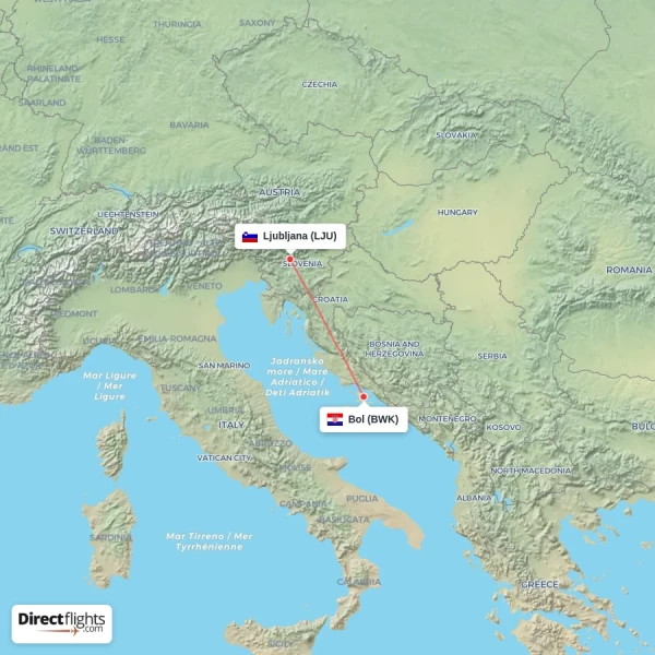 Ljubljana - Bol direct flight map