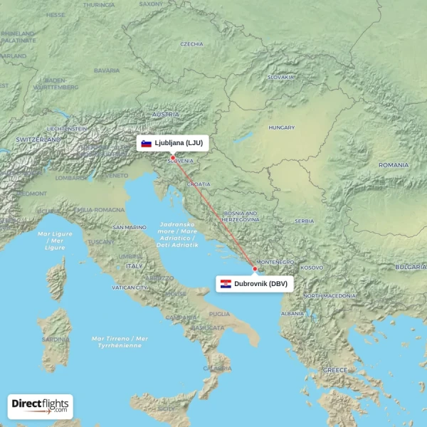 Ljubljana - Dubrovnik direct flight map