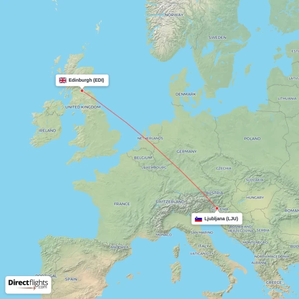 Ljubljana - Edinburgh direct flight map