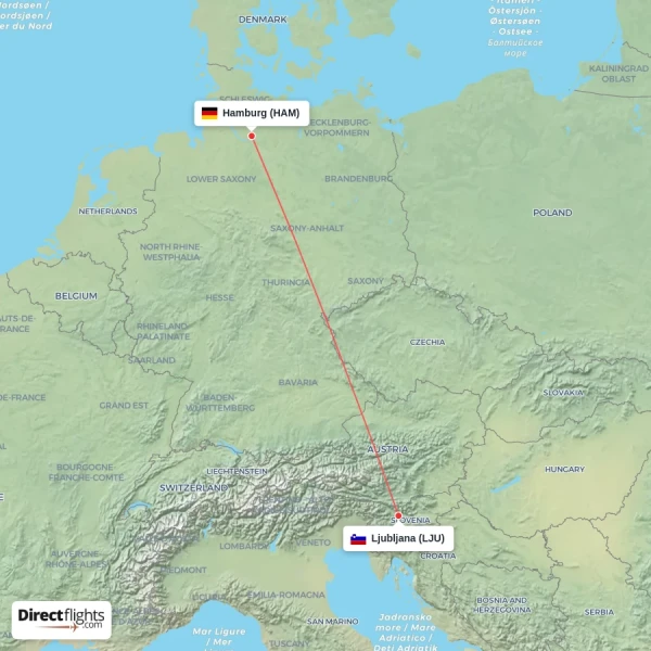 Ljubljana - Hamburg direct flight map