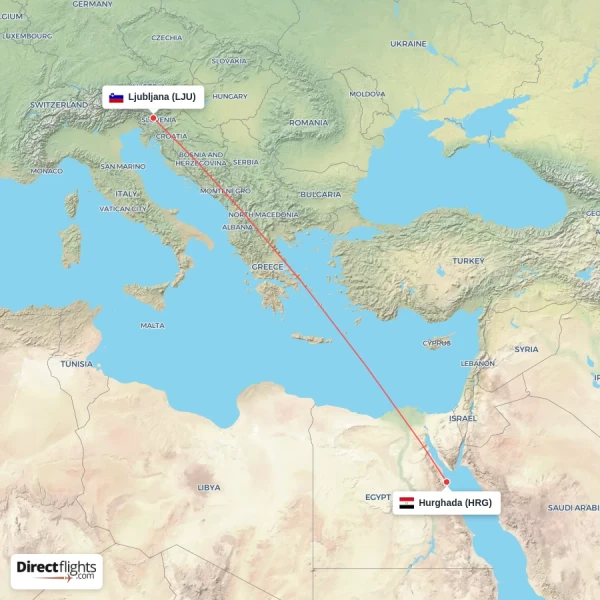 Ljubljana - Hurghada direct flight map