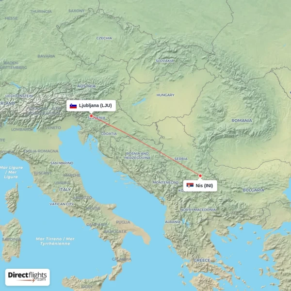 Ljubljana - Nis direct flight map