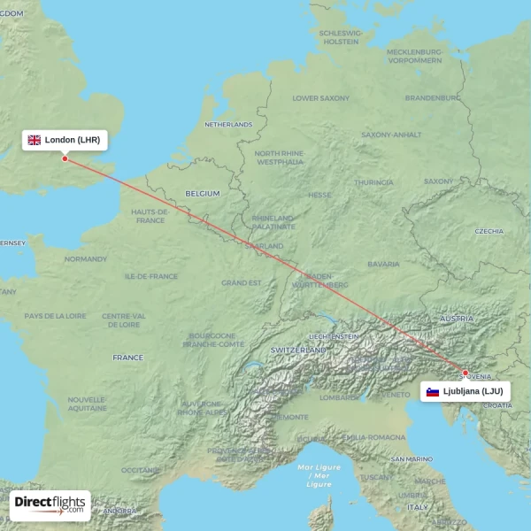 Ljubljana - London direct flight map