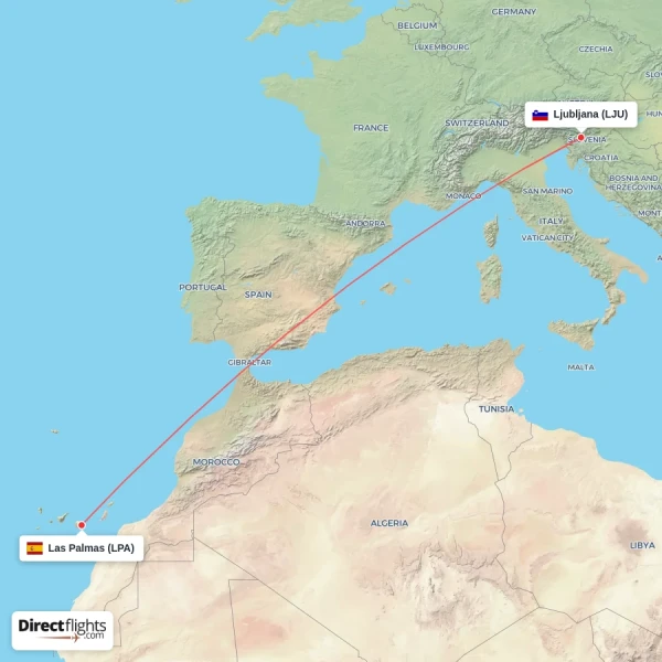 Ljubljana - Las Palmas direct flight map