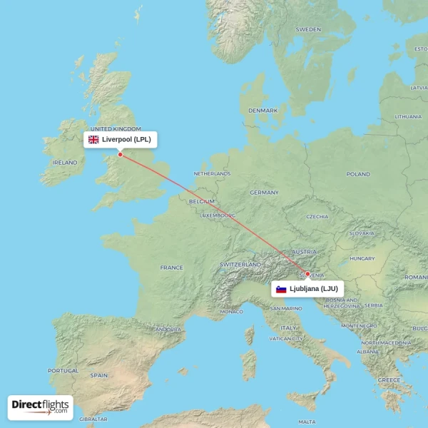 Ljubljana - Liverpool direct flight map