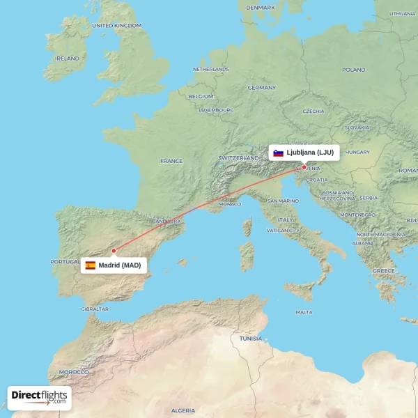 Ljubljana - Madrid direct flight map