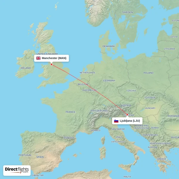Ljubljana - Manchester direct flight map